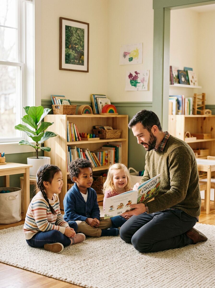 Teacher reading a picture book to preschoolers in a cozy reading nook